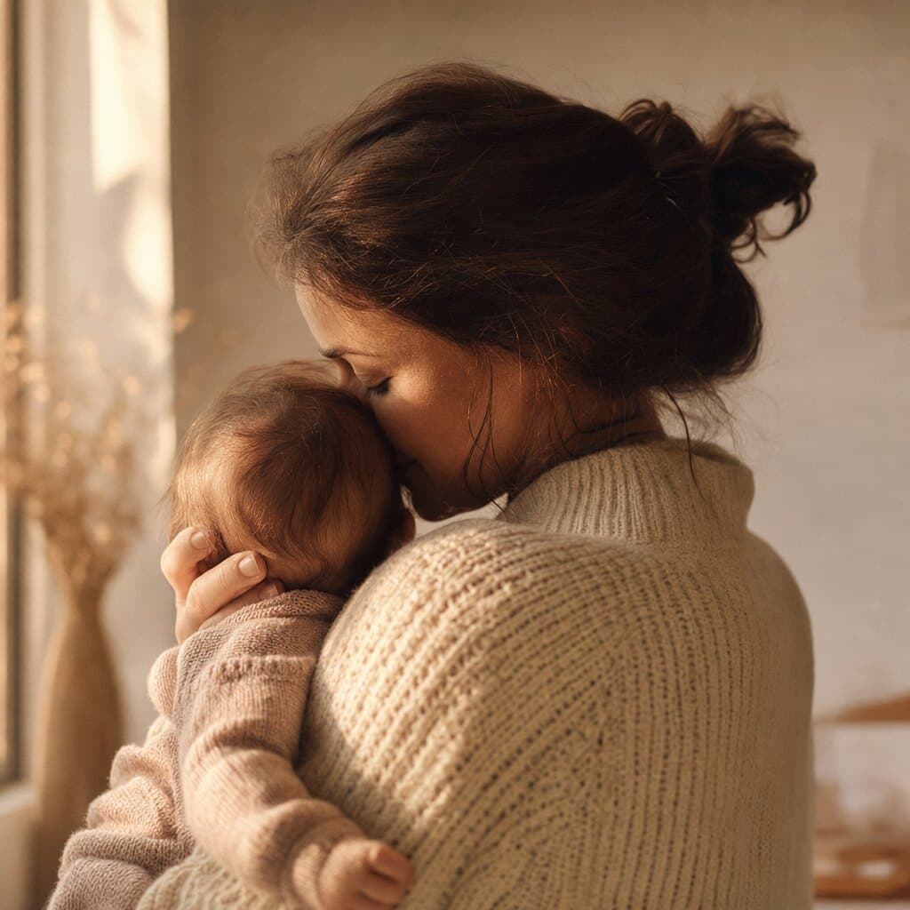 Mutter hält ihr Baby im warmen Licht